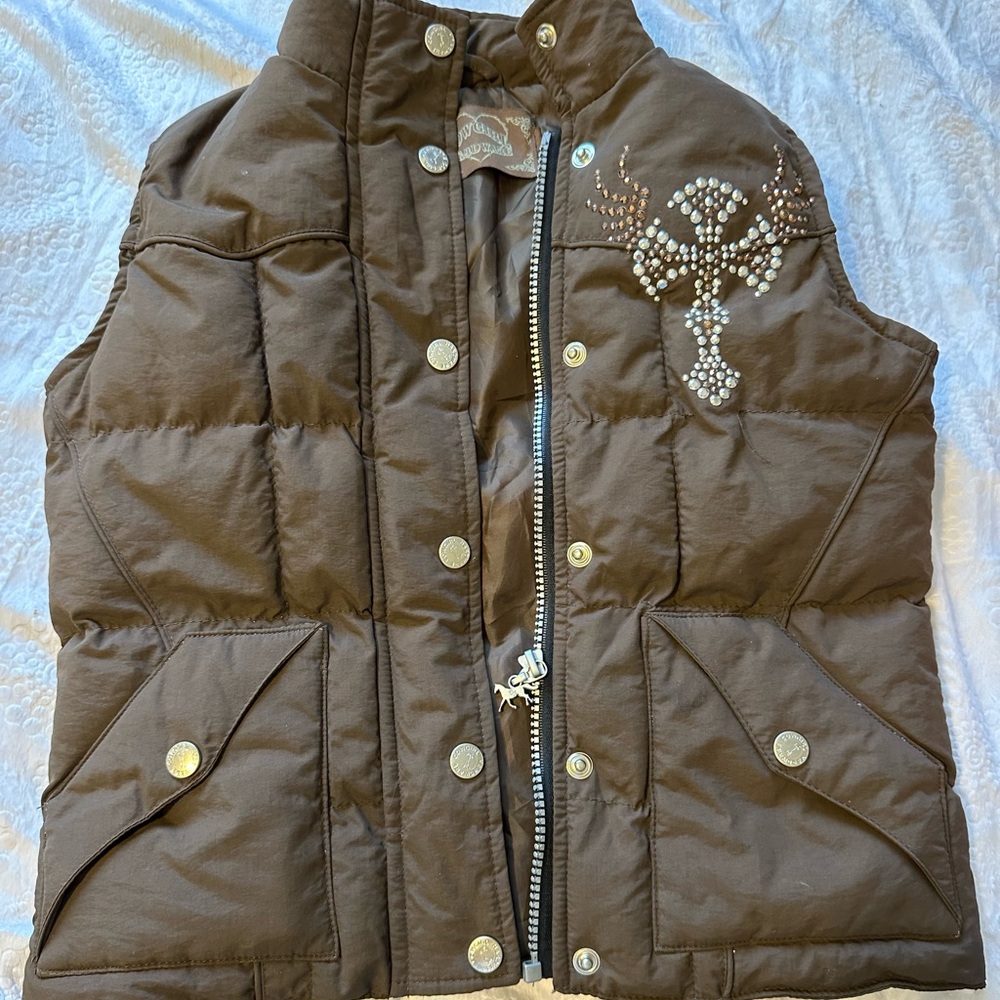 Brown Kids Puffer Vest with Embellished Design